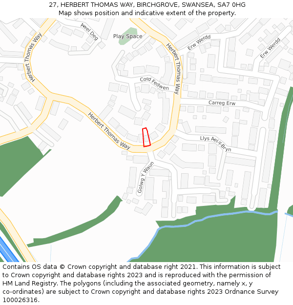 27, HERBERT THOMAS WAY, BIRCHGROVE, SWANSEA, SA7 0HG: Location map and indicative extent of plot