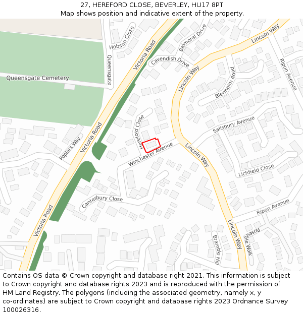 27, HEREFORD CLOSE, BEVERLEY, HU17 8PT: Location map and indicative extent of plot