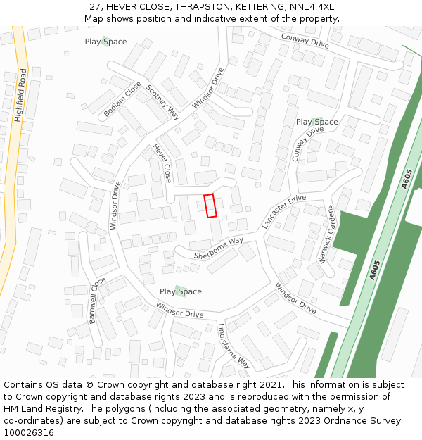 27, HEVER CLOSE, THRAPSTON, KETTERING, NN14 4XL: Location map and indicative extent of plot