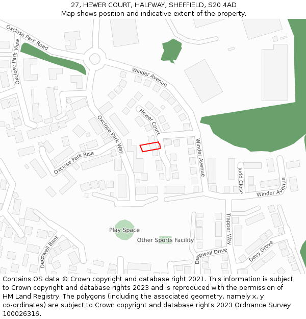 27, HEWER COURT, HALFWAY, SHEFFIELD, S20 4AD: Location map and indicative extent of plot