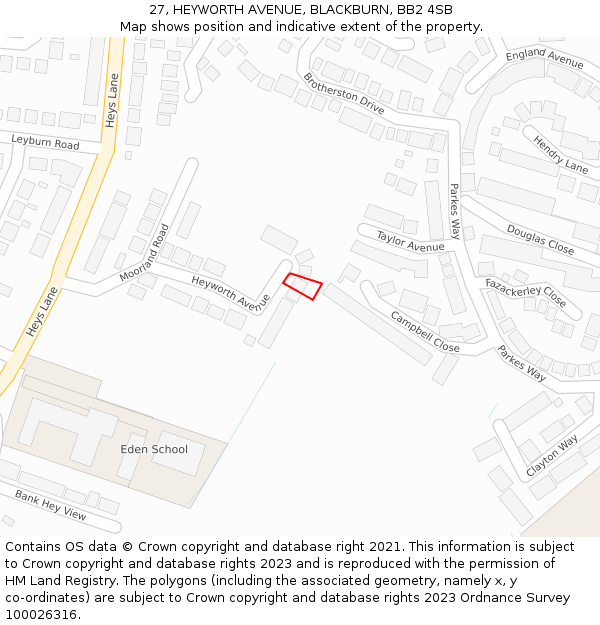 27, HEYWORTH AVENUE, BLACKBURN, BB2 4SB: Location map and indicative extent of plot