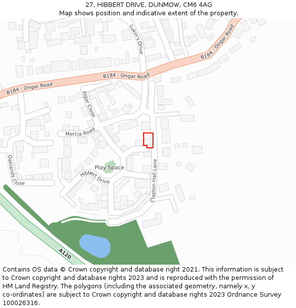 27, HIBBERT DRIVE, DUNMOW, CM6 4AG: Location map and indicative extent of plot