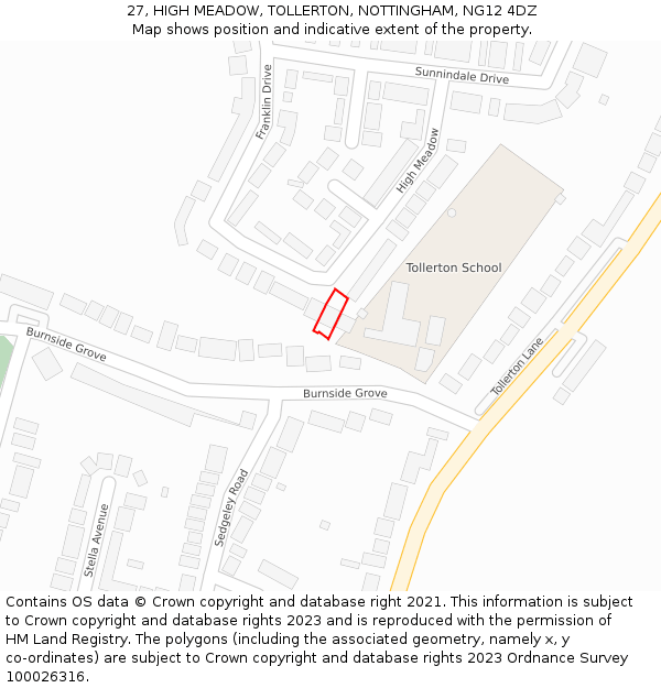 27, HIGH MEADOW, TOLLERTON, NOTTINGHAM, NG12 4DZ: Location map and indicative extent of plot