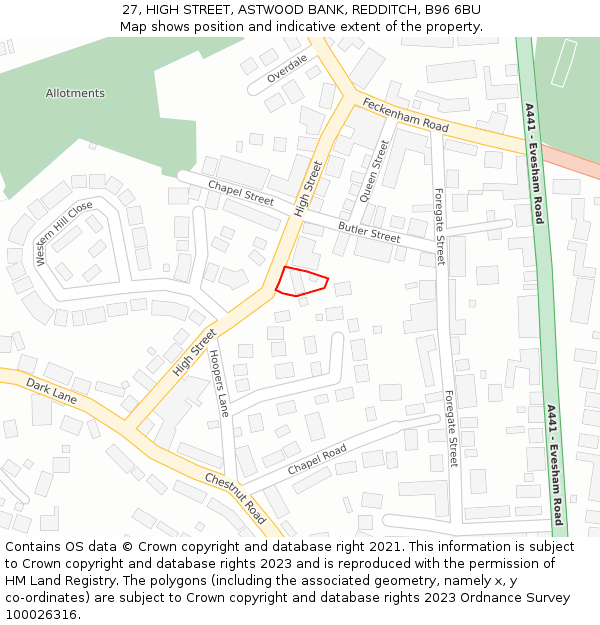 27, HIGH STREET, ASTWOOD BANK, REDDITCH, B96 6BU: Location map and indicative extent of plot