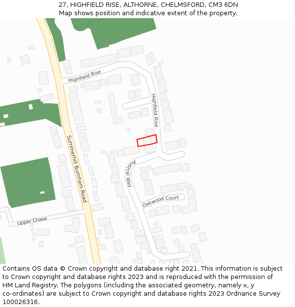 27, HIGHFIELD RISE, ALTHORNE, CHELMSFORD, CM3 6DN: Location map and indicative extent of plot