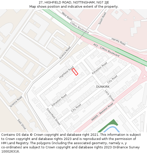 27, HIGHFIELD ROAD, NOTTINGHAM, NG7 2JE: Location map and indicative extent of plot