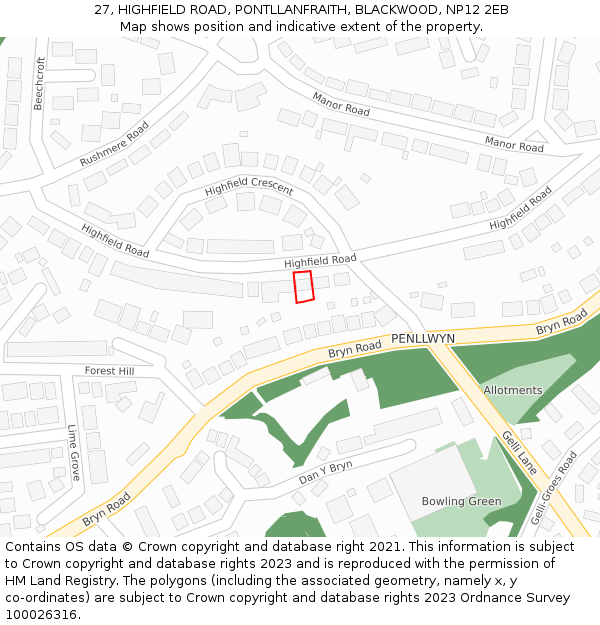 27, HIGHFIELD ROAD, PONTLLANFRAITH, BLACKWOOD, NP12 2EB: Location map and indicative extent of plot