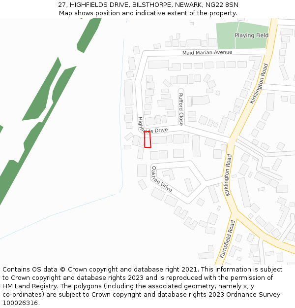 27, HIGHFIELDS DRIVE, BILSTHORPE, NEWARK, NG22 8SN: Location map and indicative extent of plot