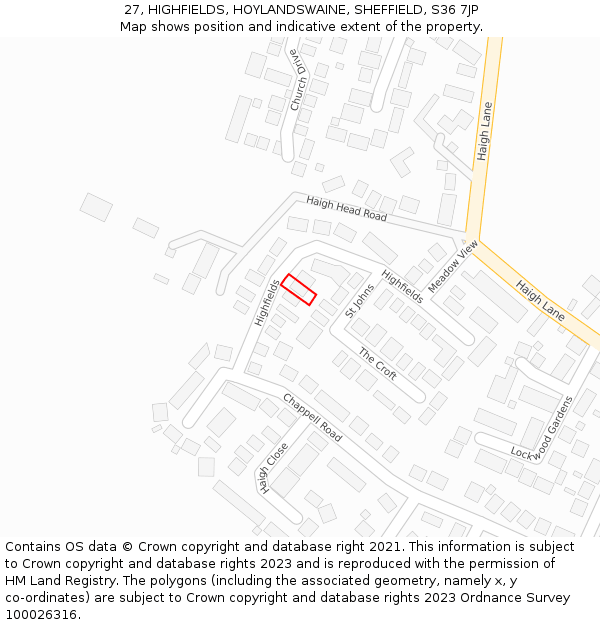 27, HIGHFIELDS, HOYLANDSWAINE, SHEFFIELD, S36 7JP: Location map and indicative extent of plot