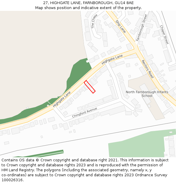 27, HIGHGATE LANE, FARNBOROUGH, GU14 8AE: Location map and indicative extent of plot