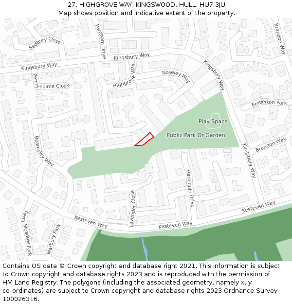 27, HIGHGROVE WAY, KINGSWOOD, HULL, HU7 3JU: Location map and indicative extent of plot