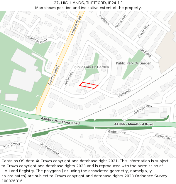 27, HIGHLANDS, THETFORD, IP24 1JF: Location map and indicative extent of plot