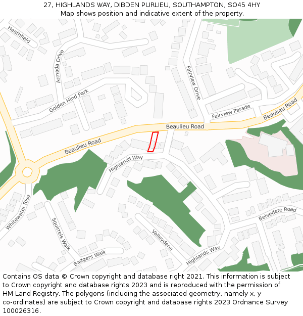 27, HIGHLANDS WAY, DIBDEN PURLIEU, SOUTHAMPTON, SO45 4HY: Location map and indicative extent of plot