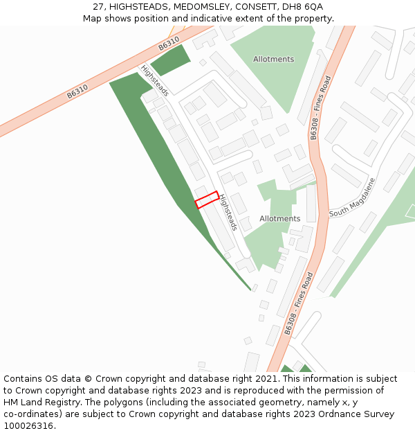 27, HIGHSTEADS, MEDOMSLEY, CONSETT, DH8 6QA: Location map and indicative extent of plot