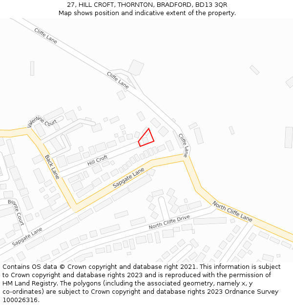 27, HILL CROFT, THORNTON, BRADFORD, BD13 3QR: Location map and indicative extent of plot