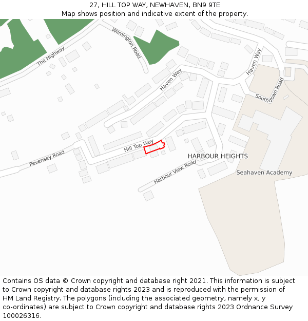 27, HILL TOP WAY, NEWHAVEN, BN9 9TE: Location map and indicative extent of plot