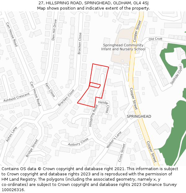 27, HILLSPRING ROAD, SPRINGHEAD, OLDHAM, OL4 4SJ: Location map and indicative extent of plot