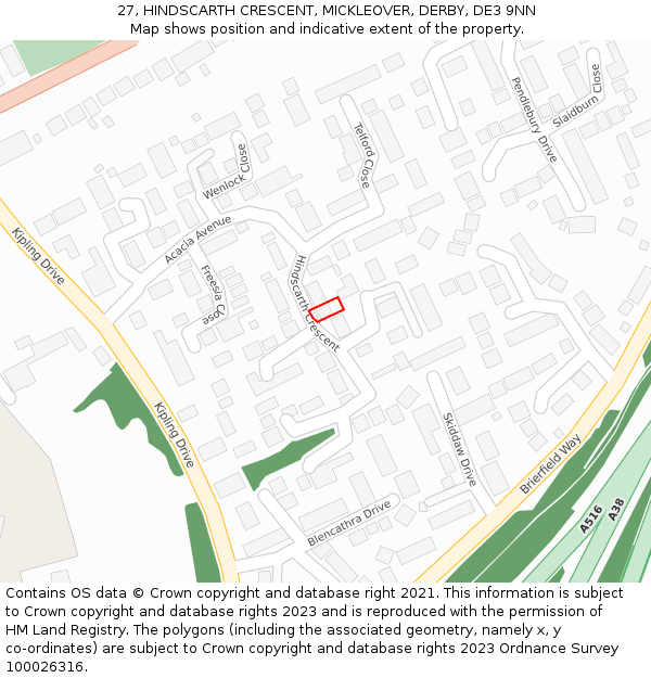 27, HINDSCARTH CRESCENT, MICKLEOVER, DERBY, DE3 9NN: Location map and indicative extent of plot