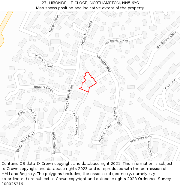 27, HIRONDELLE CLOSE, NORTHAMPTON, NN5 6YS: Location map and indicative extent of plot