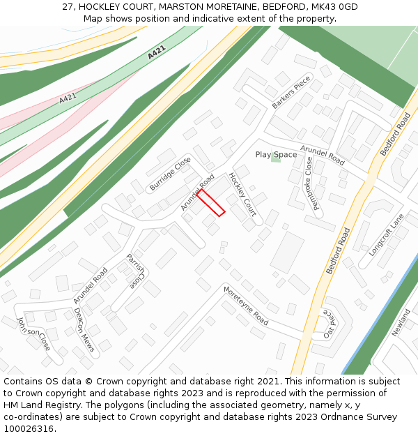 27, HOCKLEY COURT, MARSTON MORETAINE, BEDFORD, MK43 0GD: Location map and indicative extent of plot