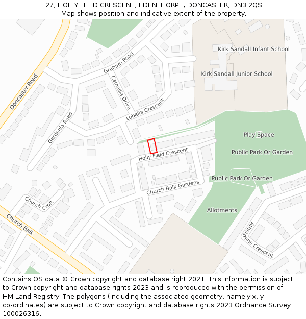 27, HOLLY FIELD CRESCENT, EDENTHORPE, DONCASTER, DN3 2QS: Location map and indicative extent of plot