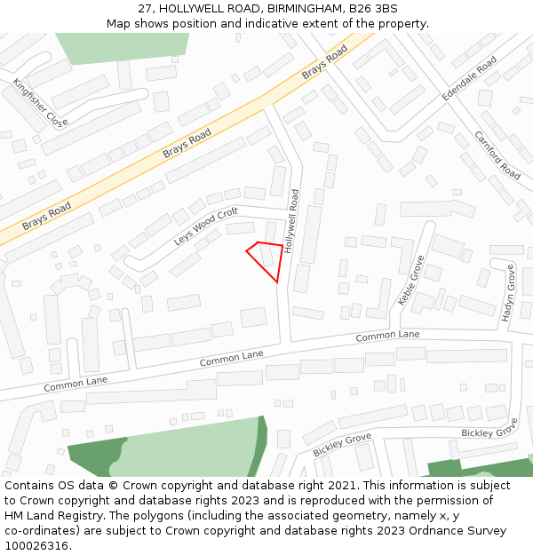 27, HOLLYWELL ROAD, BIRMINGHAM, B26 3BS: Location map and indicative extent of plot