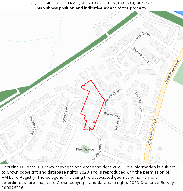 27, HOLMECROFT CHASE, WESTHOUGHTON, BOLTON, BL5 3ZN: Location map and indicative extent of plot