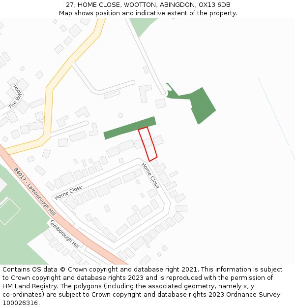 27, HOME CLOSE, WOOTTON, ABINGDON, OX13 6DB: Location map and indicative extent of plot