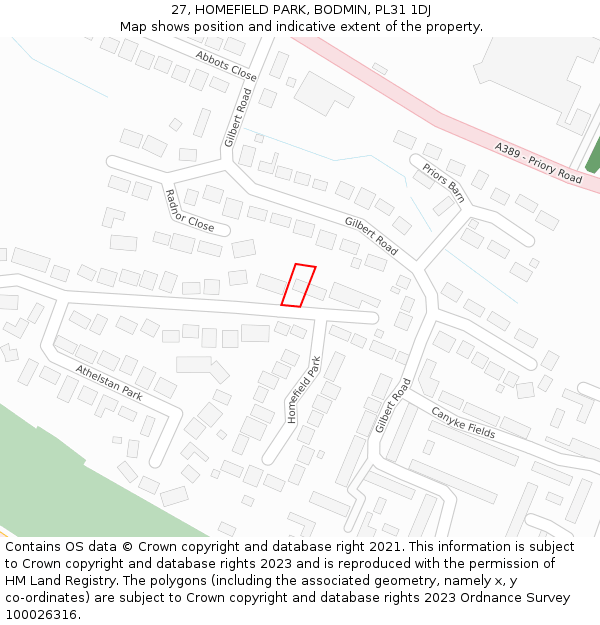 27, HOMEFIELD PARK, BODMIN, PL31 1DJ: Location map and indicative extent of plot