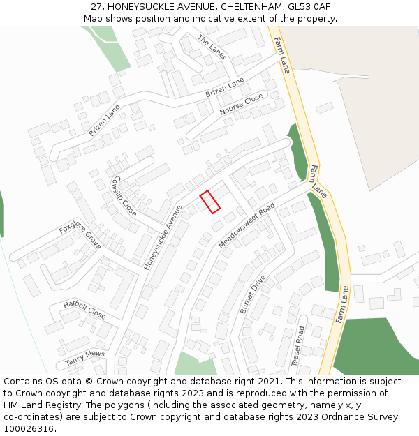 27, HONEYSUCKLE AVENUE, CHELTENHAM, GL53 0AF: Location map and indicative extent of plot