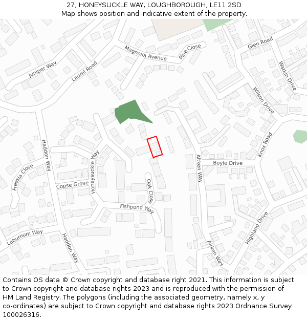 27, HONEYSUCKLE WAY, LOUGHBOROUGH, LE11 2SD: Location map and indicative extent of plot