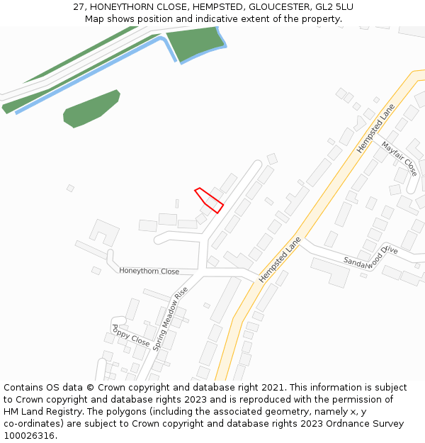 27, HONEYTHORN CLOSE, HEMPSTED, GLOUCESTER, GL2 5LU: Location map and indicative extent of plot
