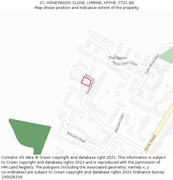 27, HONEYWOOD CLOSE, LYMPNE, HYTHE, CT21 4JS: Location map and indicative extent of plot