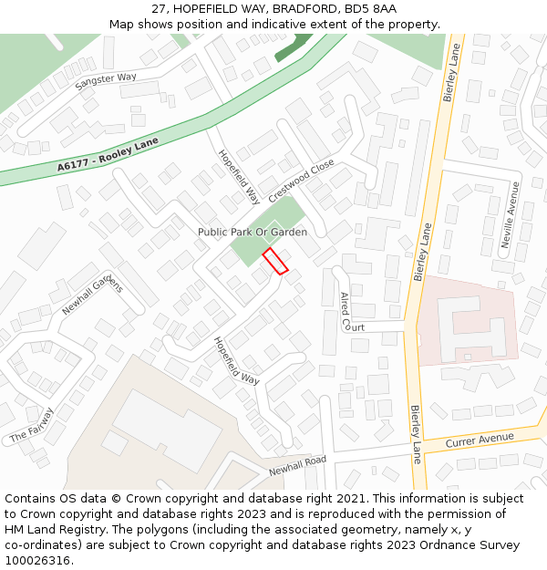 27, HOPEFIELD WAY, BRADFORD, BD5 8AA: Location map and indicative extent of plot