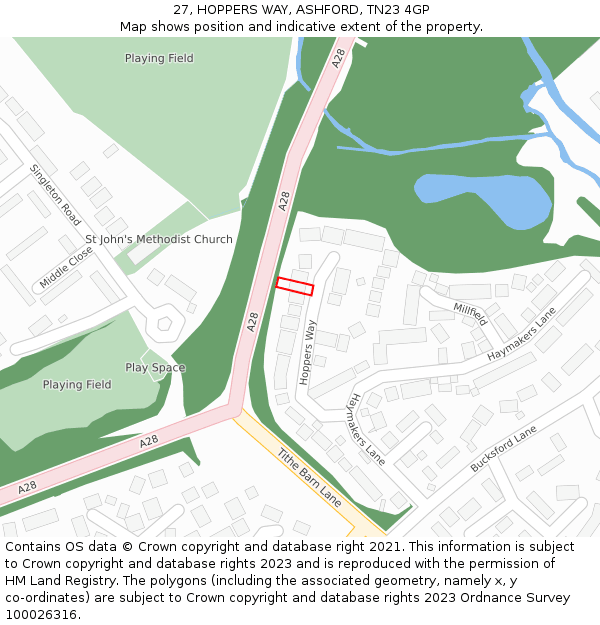 27, HOPPERS WAY, ASHFORD, TN23 4GP: Location map and indicative extent of plot