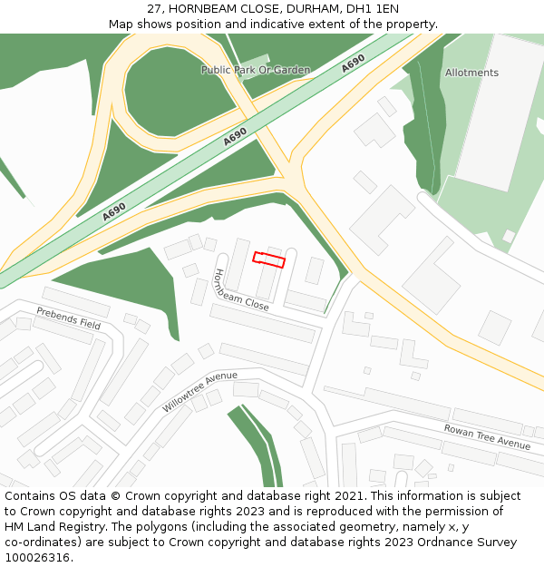 27, HORNBEAM CLOSE, DURHAM, DH1 1EN: Location map and indicative extent of plot