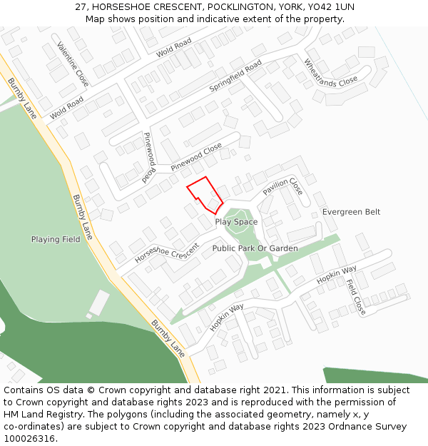 27, HORSESHOE CRESCENT, POCKLINGTON, YORK, YO42 1UN: Location map and indicative extent of plot