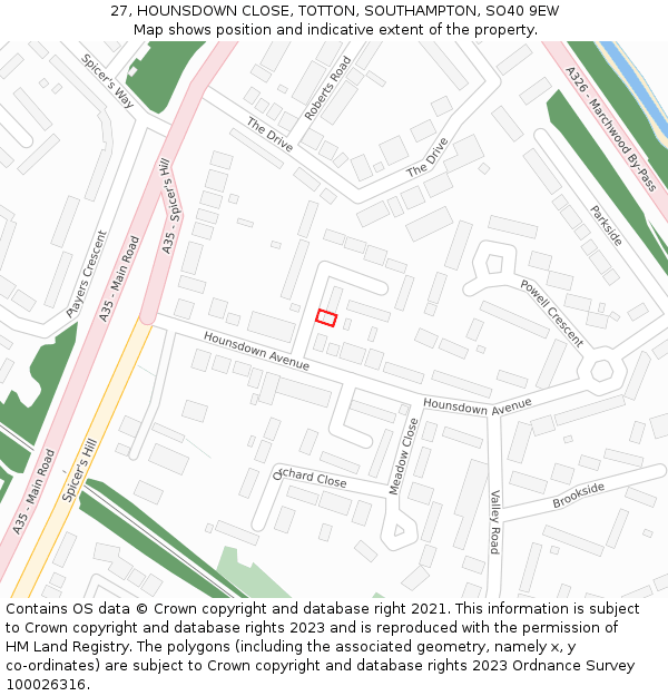 27, HOUNSDOWN CLOSE, TOTTON, SOUTHAMPTON, SO40 9EW: Location map and indicative extent of plot