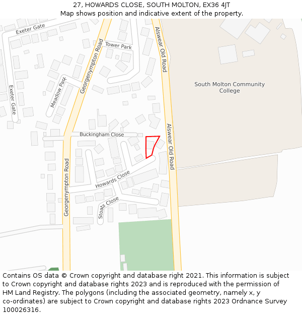 27, HOWARDS CLOSE, SOUTH MOLTON, EX36 4JT: Location map and indicative extent of plot