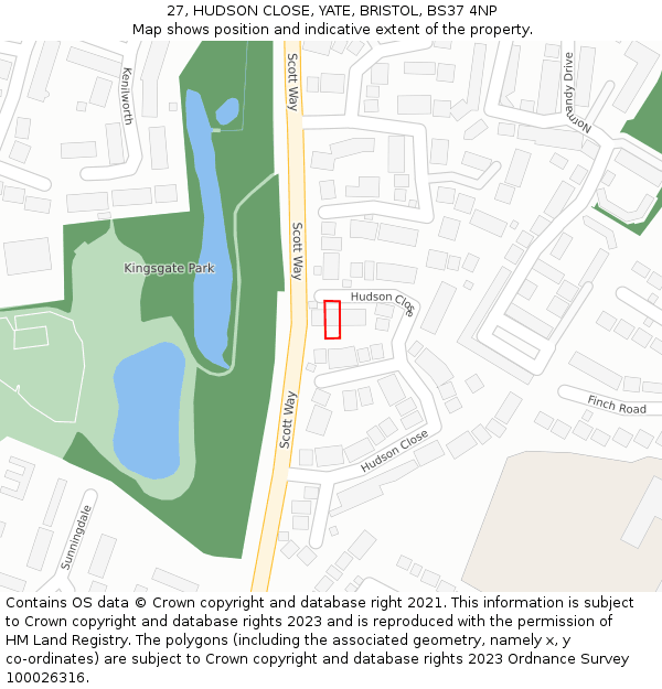 27, HUDSON CLOSE, YATE, BRISTOL, BS37 4NP: Location map and indicative extent of plot