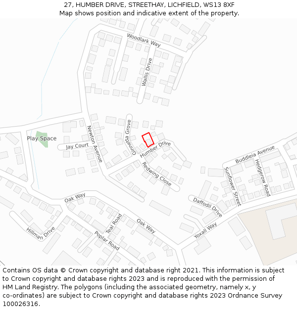 27, HUMBER DRIVE, STREETHAY, LICHFIELD, WS13 8XF: Location map and indicative extent of plot