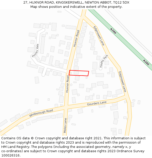 27, HUXNOR ROAD, KINGSKERSWELL, NEWTON ABBOT, TQ12 5DX: Location map and indicative extent of plot