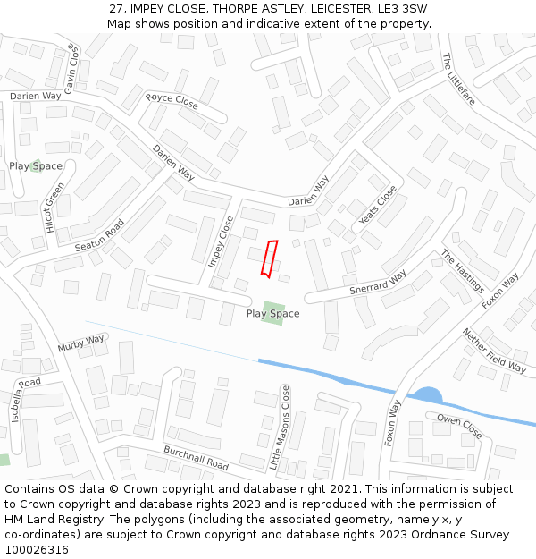 27, IMPEY CLOSE, THORPE ASTLEY, LEICESTER, LE3 3SW: Location map and indicative extent of plot