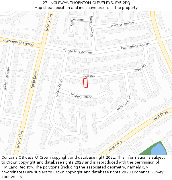 27, INGLEWAY, THORNTON-CLEVELEYS, FY5 2PQ: Location map and indicative extent of plot