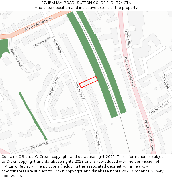 27, IRNHAM ROAD, SUTTON COLDFIELD, B74 2TN: Location map and indicative extent of plot