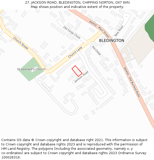 27, JACKSON ROAD, BLEDINGTON, CHIPPING NORTON, OX7 6XN: Location map and indicative extent of plot