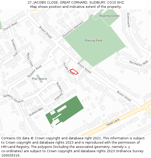 27, JACOBS CLOSE, GREAT CORNARD, SUDBURY, CO10 0HZ: Location map and indicative extent of plot