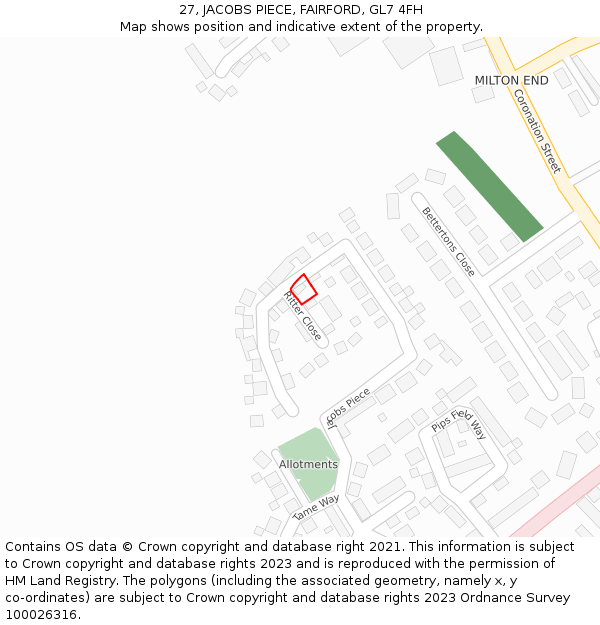 27, JACOBS PIECE, FAIRFORD, GL7 4FH: Location map and indicative extent of plot