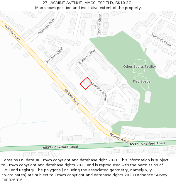 27, JASMINE AVENUE, MACCLESFIELD, SK10 3GH: Location map and indicative extent of plot