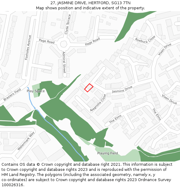 27, JASMINE DRIVE, HERTFORD, SG13 7TN: Location map and indicative extent of plot